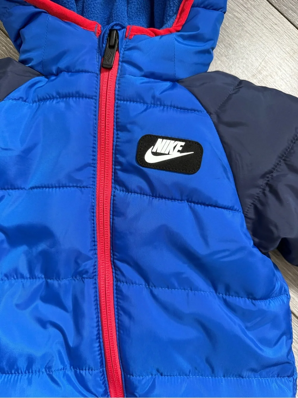 Winter puffer Nike Blue & Navy Infant Puffer One-Piece Snowsuit with Red Trim